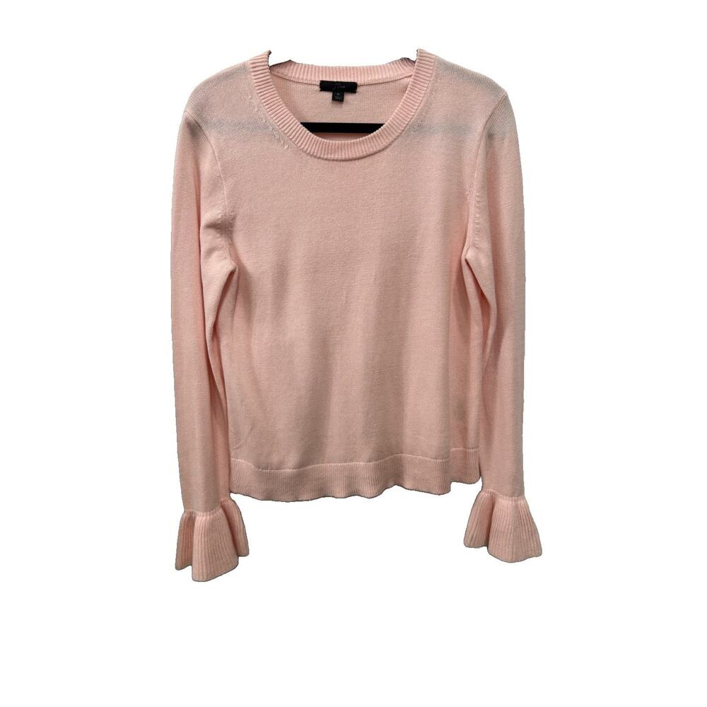 J. Crew Women’s Medium Pink Crew Neck Sweater Bell Sleeve 100% Cotton Preppy - Picture 2 of 9